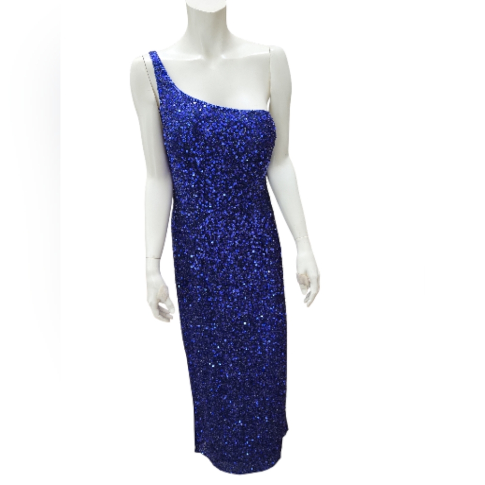 Scala Sapphire One-Shoulder Sequin Dress With Fabulous Basket Weave Back